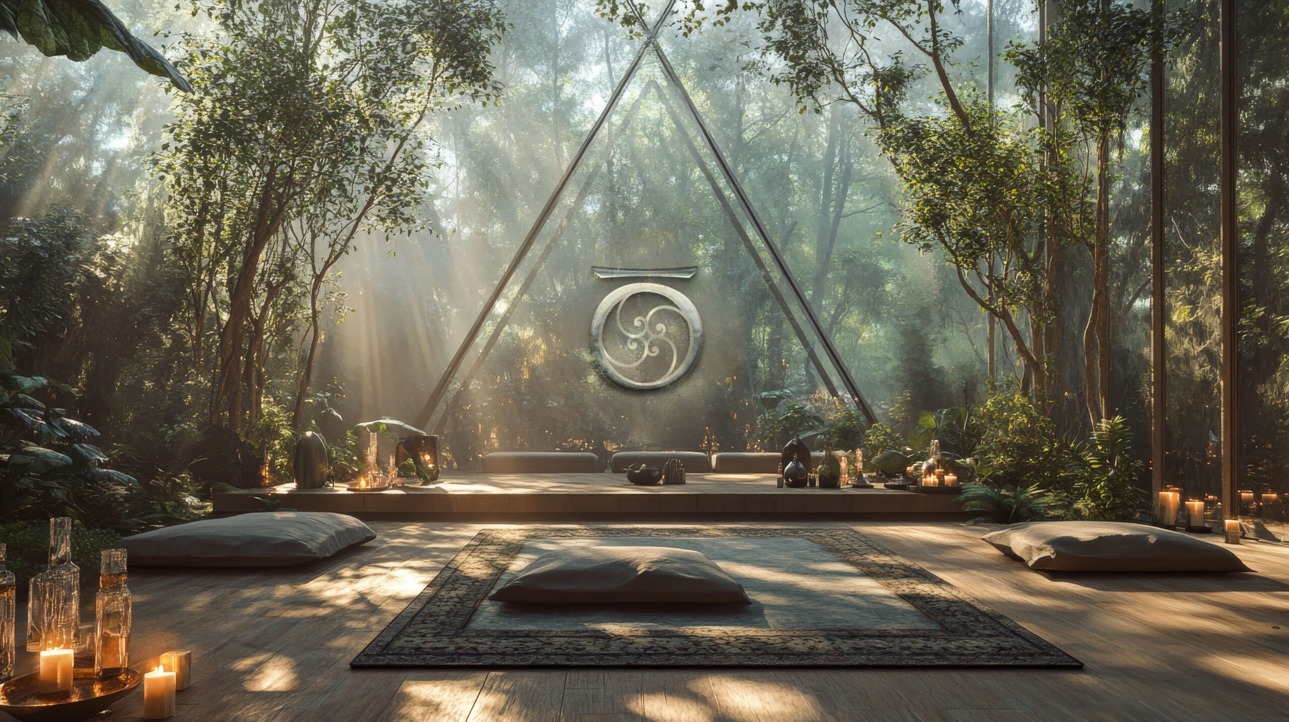 A tranquil space where mystic rituals are performed, surrounded by nature and sacred geometry,